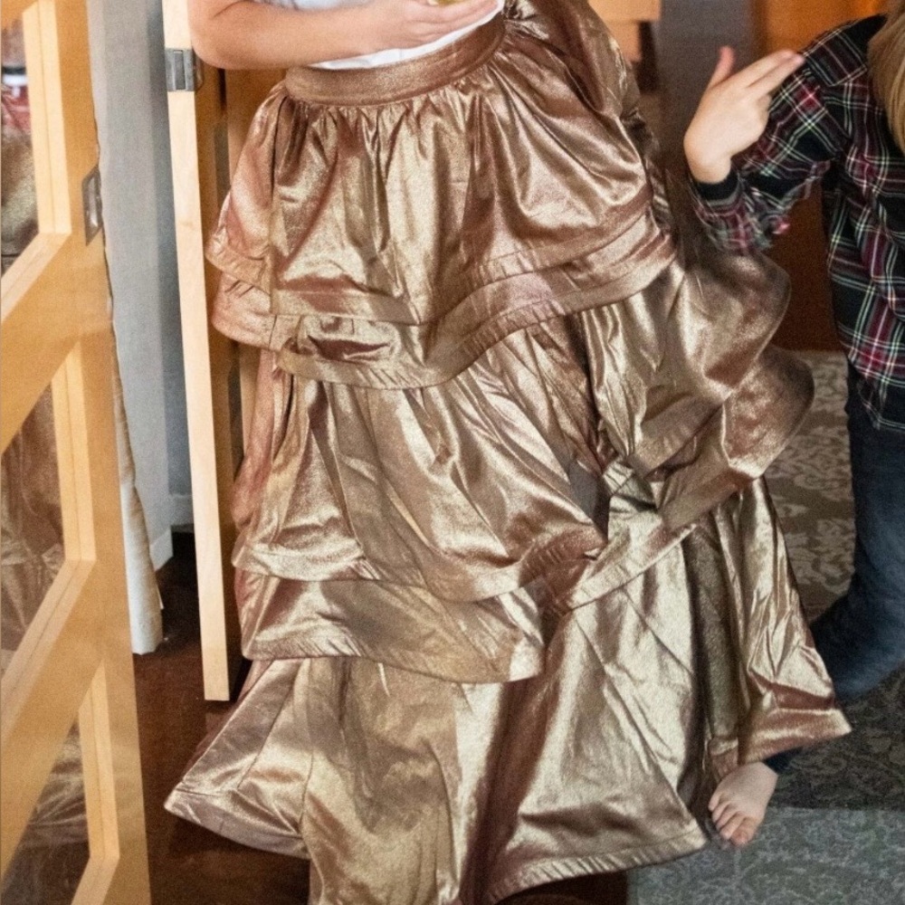 BURU Metallic Gold Tiered Ruffle A-Line Skirt